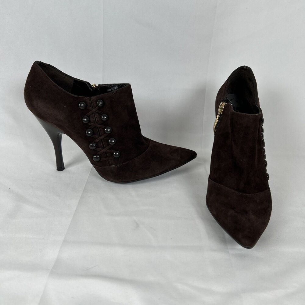 Guess Brown Leather Suede Booties Women’s Size 6.5M Buttons Zipper Heeled Boots